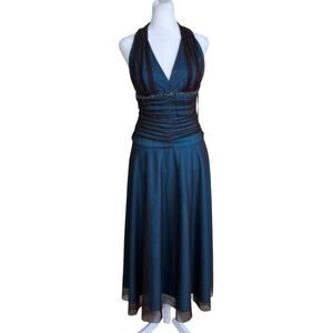 JS Boutique Vintage Y2K Halter Neck Prom Dress Mesh Overlay Beaded Fit & Flare